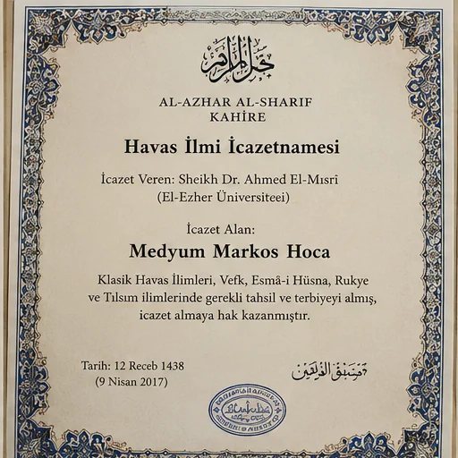 Mısır El-Ezher (Al-Azhar) Üniversitesi'nin havas ilmi icazetnamesi belgesi; Arapça hat süslemeleri ve klasik mühürle.