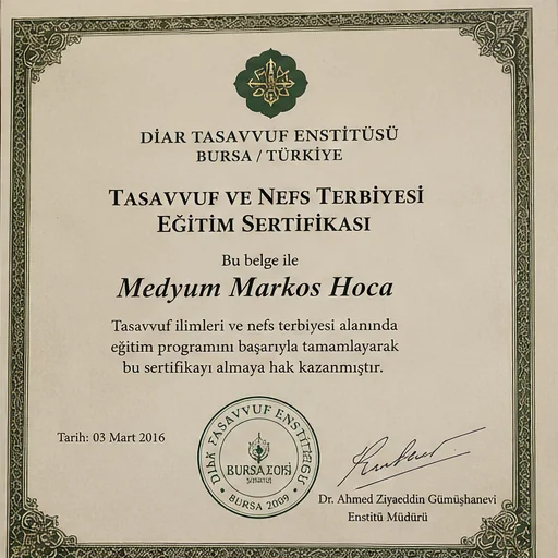 Diar Tasavvuf Enstitüsü tarafından verilen tasavvuf eğitimi sertifikası; klasik İslami motiflerle.