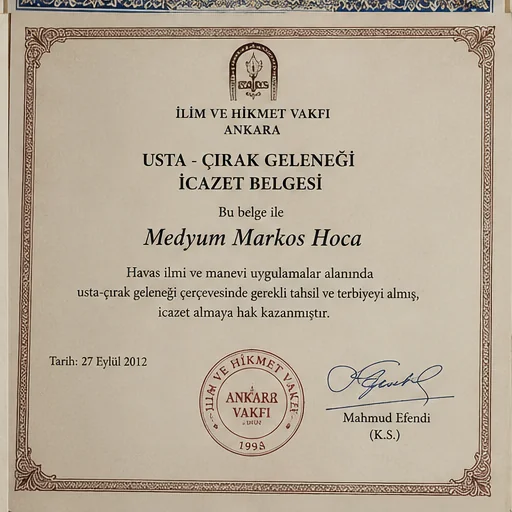 İlim ve Hikmet Vakfı'nın havas ilmi icazet belgesi; geleneksel hat süslemeleri ve hoca mührüyle.