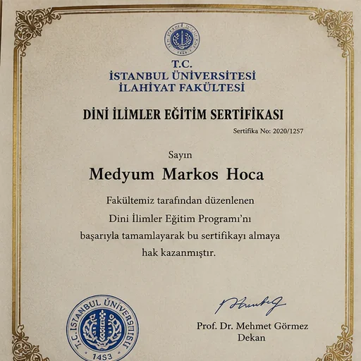 İstanbul Üniversitesi İlahiyat Fakültesi'nden alınmış dini ilimler eğitim sertifikası.
